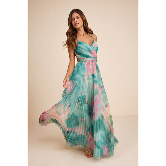 Lulus Dresses & Skirts - Lulus Estelle Teal Blue Floral Pleated Cutout Maxi Dress - Size M